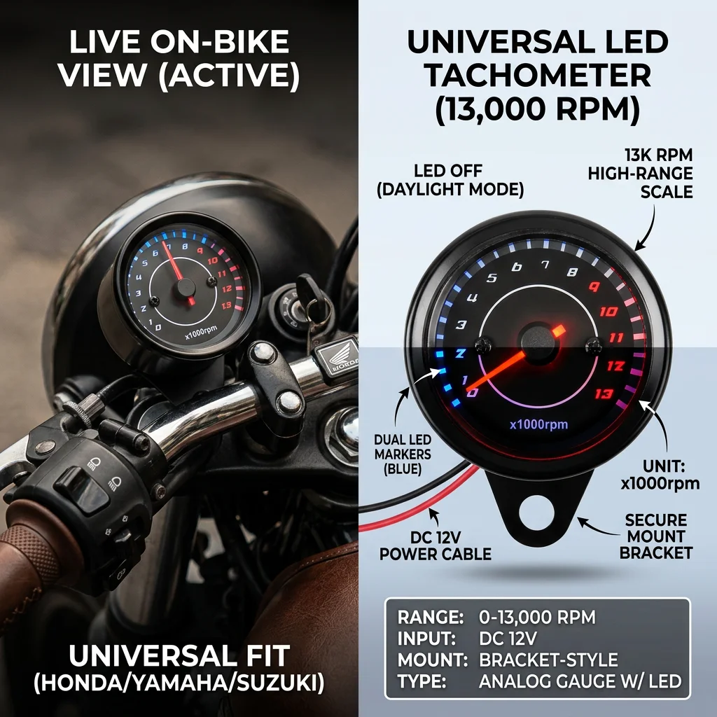Universal DC12V Motorcycle Tachometer 13K RPM LED Screen Tacho Gauge Motorbike Instrument Parts Fit for Honda Yamaha Suzuki