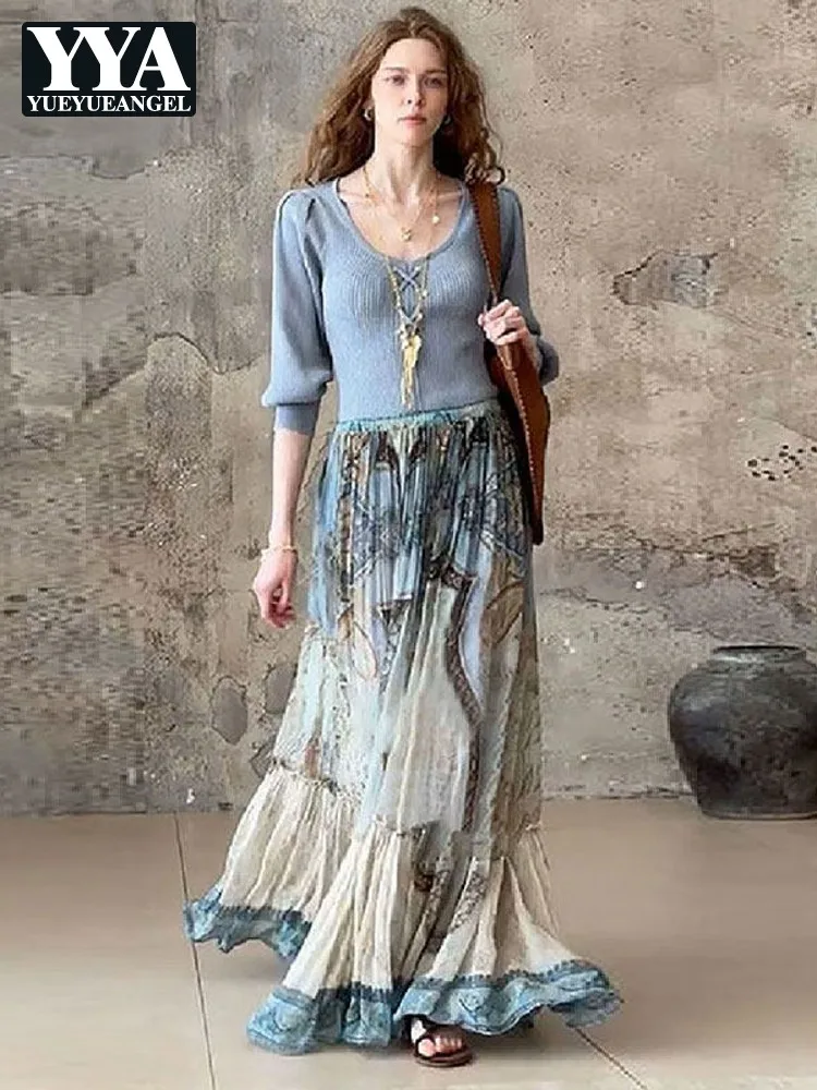 

French Style Wmen Floral Printed Long Skirt O Neck Knitted Top Two Piece Set Spring Summer Vintage Matching Sets Casual Outfits