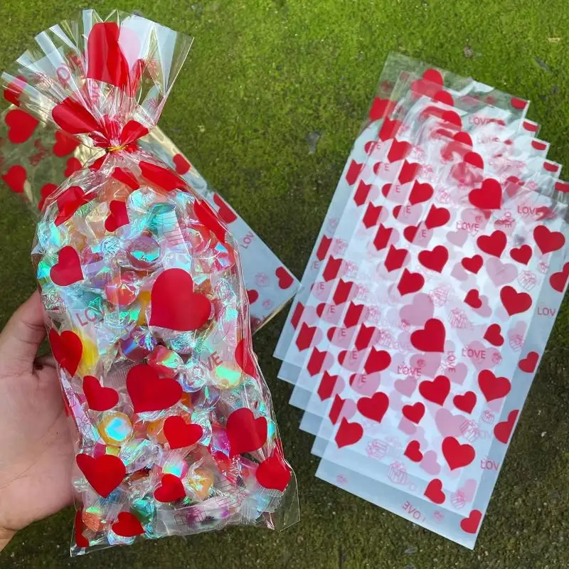 

[Y]30/50/100Pcs Transparent Plastic OPP Bags Red Heart LOVE Printed Gift Bags With Golden Ties For Valentine'S Day And Couples