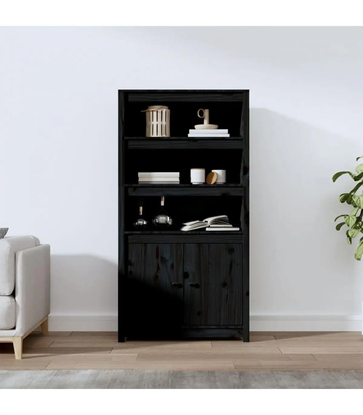 High sideboard Black Pine solid wood 80x35x154 cm