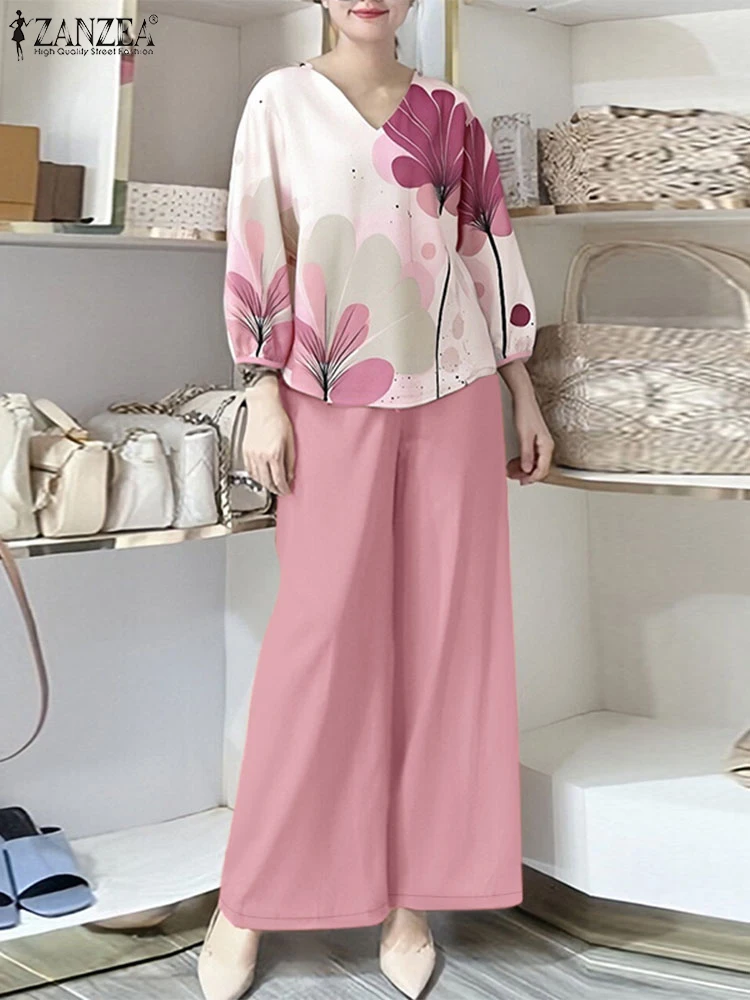 

ZANZEA Spring 2pcs Outfits Women Pant Sets Casual Long Sleeve Floral Tops OL Work Wide Leg Trouser Suit Casua lHoliday Tracksuit