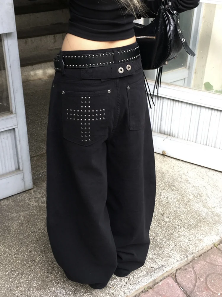 American Retro Rivet Cross Blade Jeans Loose Wide Leg Long Pants Women's Loose Fit Casual Straight Leg Denim Trousers