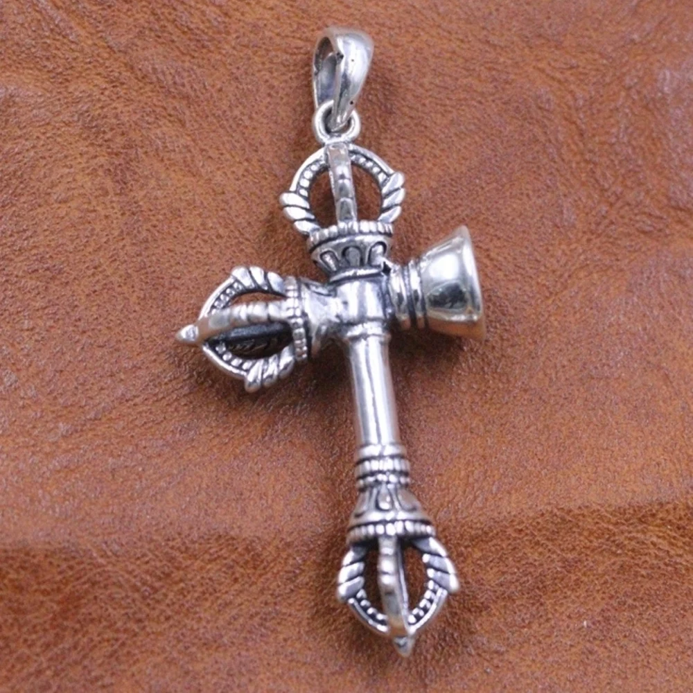 

Real Solid 925 Sterling Silver Men Women Lucky Vajra Pestle Cross Pendant 8-9g