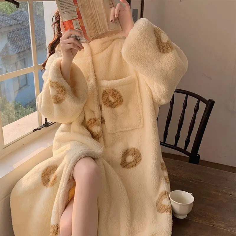 Doughnut Robe Women Sleepwear Nightdress Winter Night Wears Warm Fleece Pajama One Piece Nightgown Hooded Long Sleeve Homewear