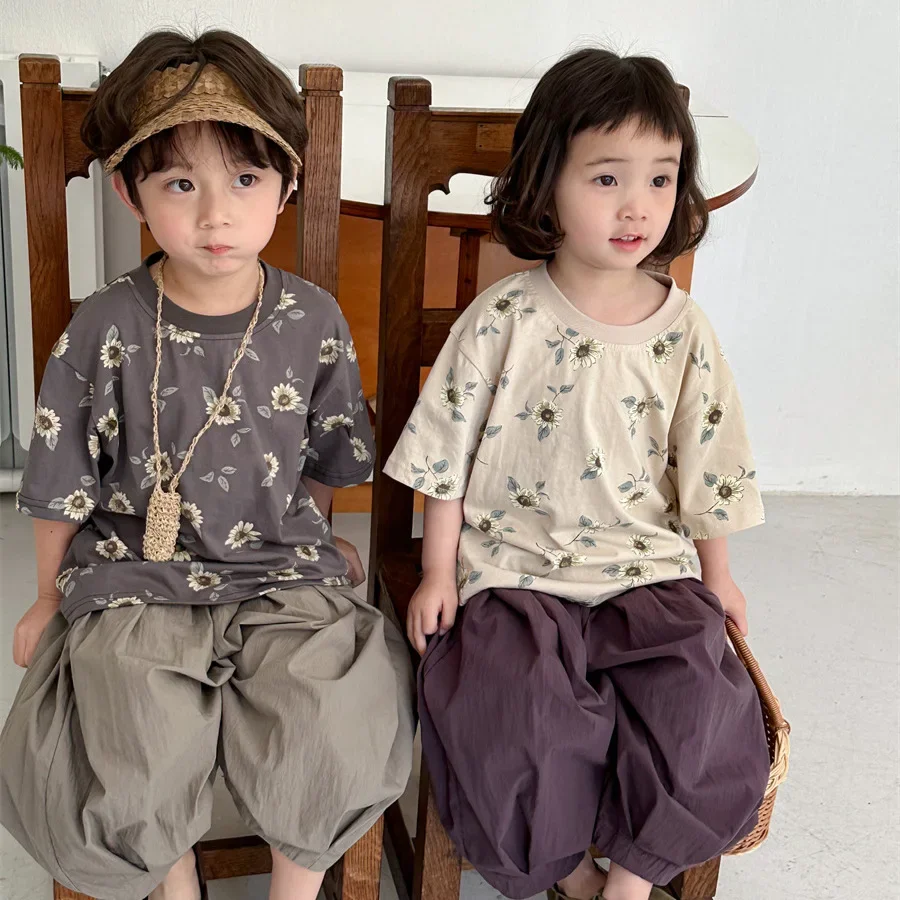 

Childrens Tops 2024 Summer New Korean Casual Fashion Solid Color Printed Tops Loose and Comfortable Children Clothing