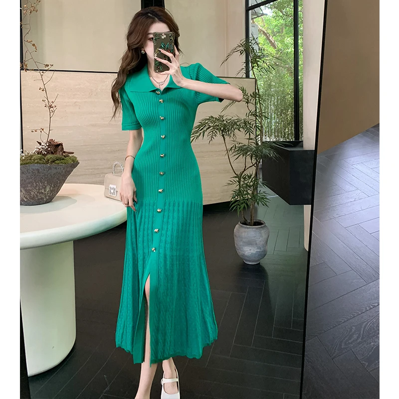 Green Knit Dress Women's Summer Short Sleeve Roll-Neck Dress Luxury Temperament Slit Hip Skirt Wedding Party Sweater Dress 2024