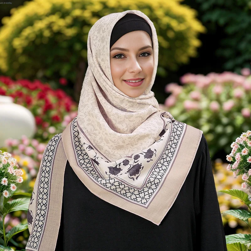 

Autumn New Square Silk Scarf Cuffed Edge Printed 110cm Sun Protection Shawl Every Decorative Scarf Woman Islamic Clothing Turban