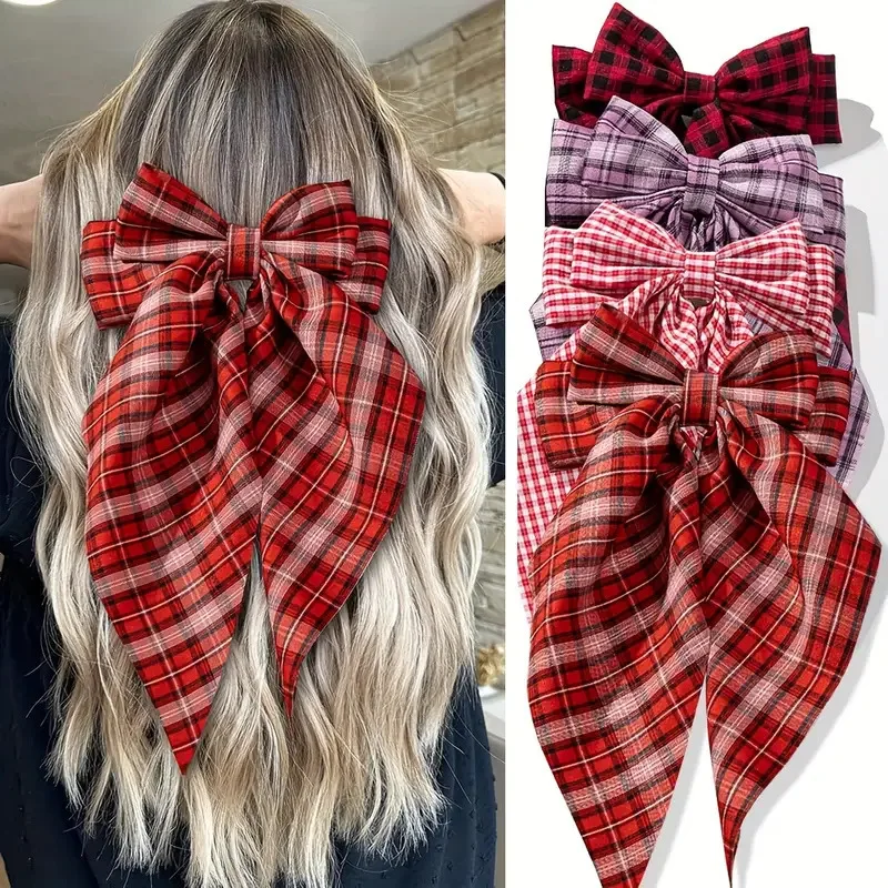 Plaid Bow Spring Clip Women Festival Ponytail Barrettes Large New Year Red Hairpin Ladies Party Rave Hair Accessories Romantic