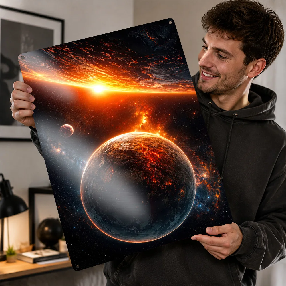 Fiery Planet In Deep Space Aluminum Poster Scenic Wall Art For Living Room Or Entryway Customized Metal Sign Housewarming Gift