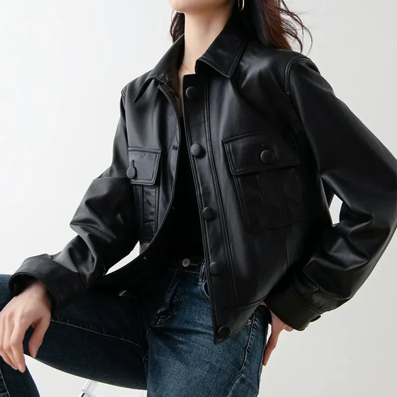 Spring Autumn Short Leather Jacket Women\'s 2023 New Slim Outerwear Square Collar Straight Trend Small Fragrance Coat Ladies Tops