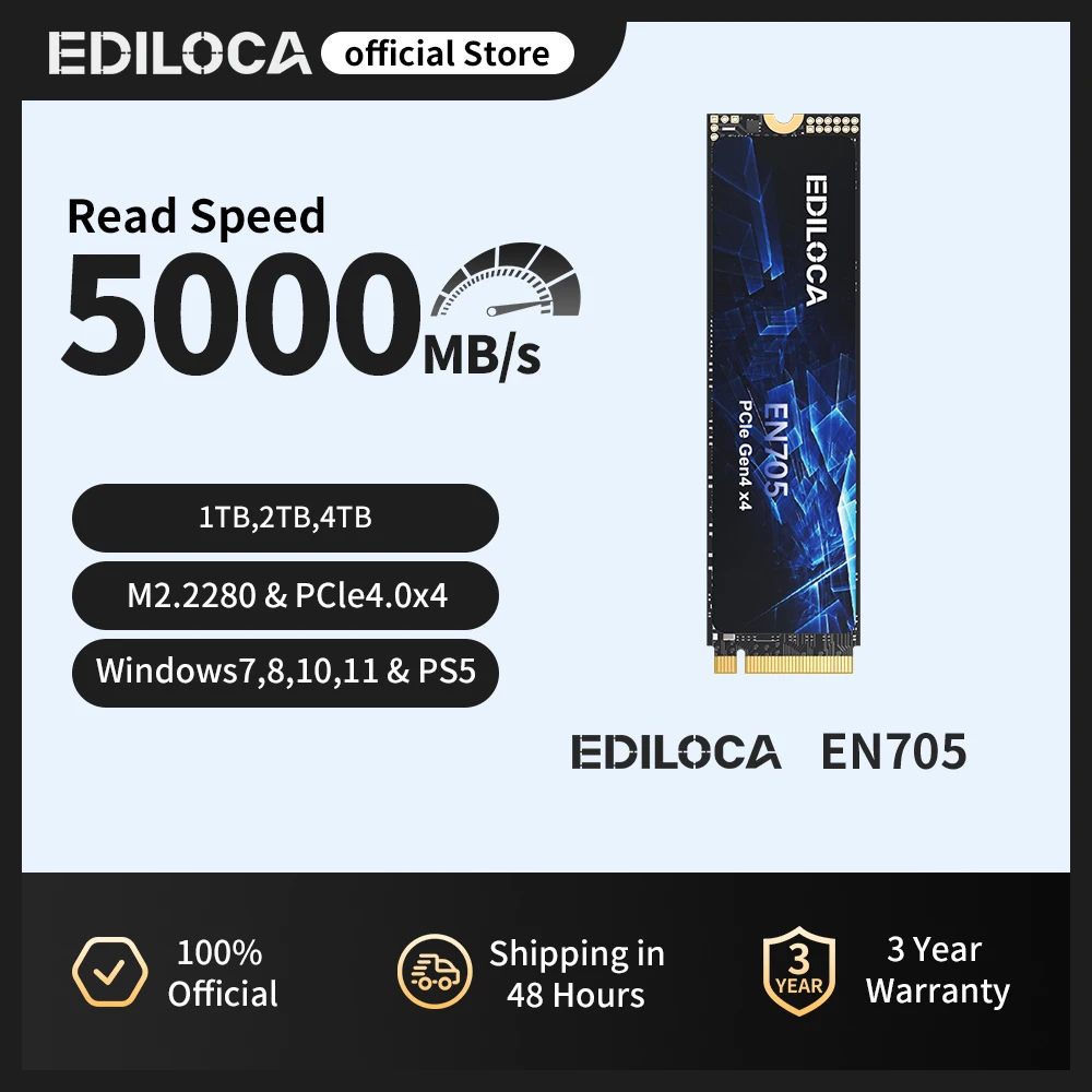 

Ediloca EN705 SSD M.2 2280 1 ТБ 2 ТБ PCIe Gen4.0x4 5000 МБ/с Внутренний твердотельный накопитель PS5 Динамическая зеркальная кеш-память для игрового ПК, ноутбука