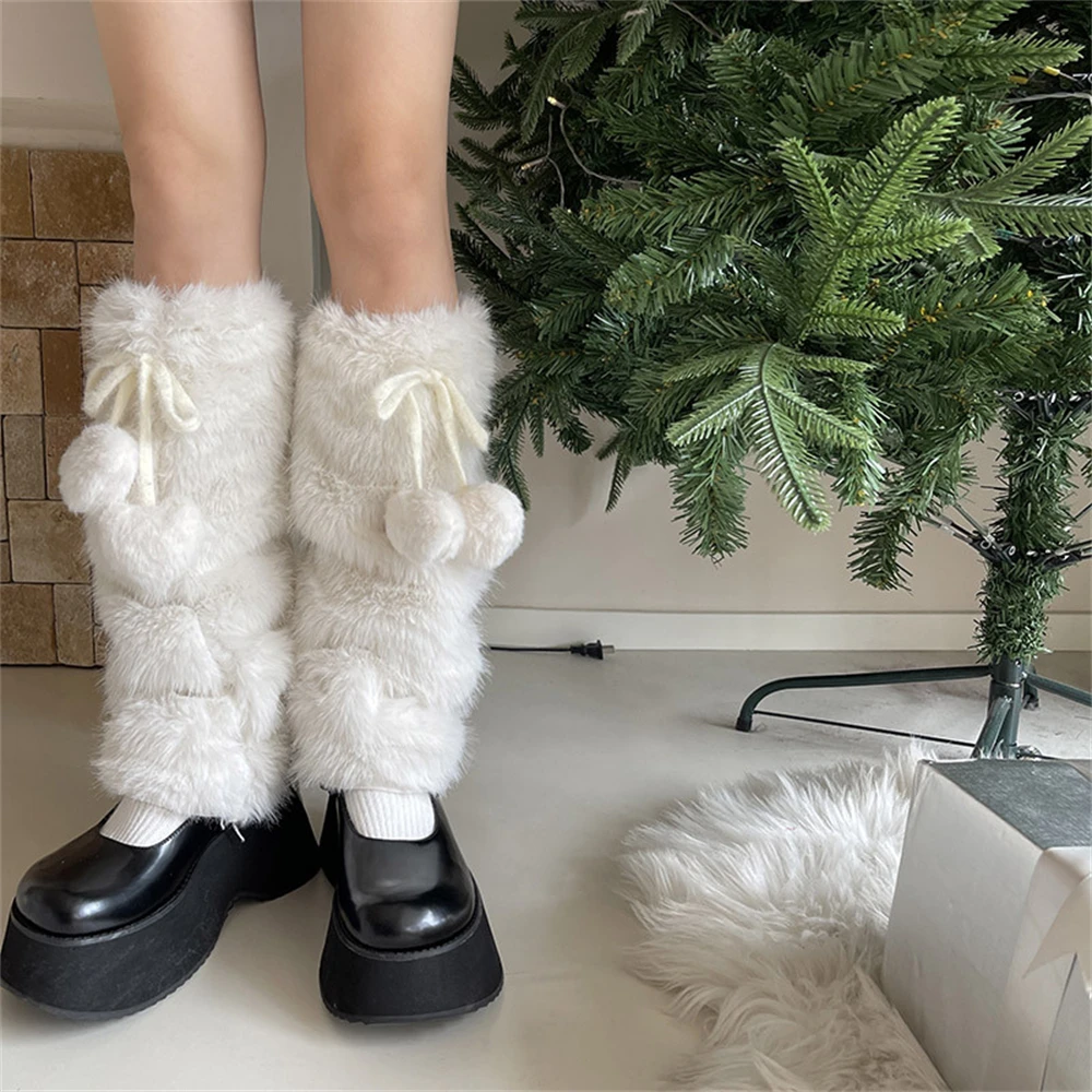 Winter Kawaii White Thickened Warmth Faux Rabbit Fur Heart Ball Straps Leg Warmers Soft Girl Foot Cover Socks JK Lolita Leggings