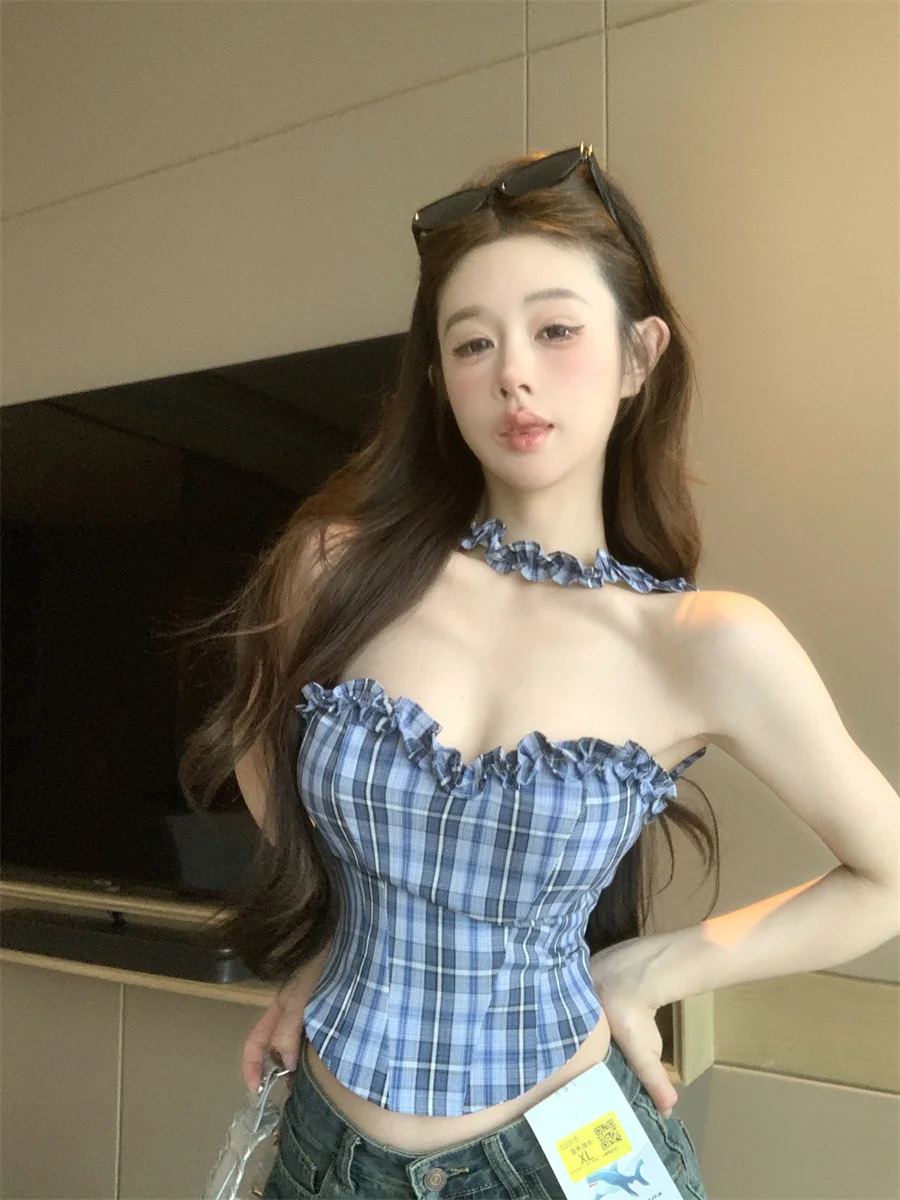 

Summer Plaid Tube Top Vest Women's Outerwear Design Slimming Short Sleeveless Shirt Korean Style Commute Fashion Pear Body Type