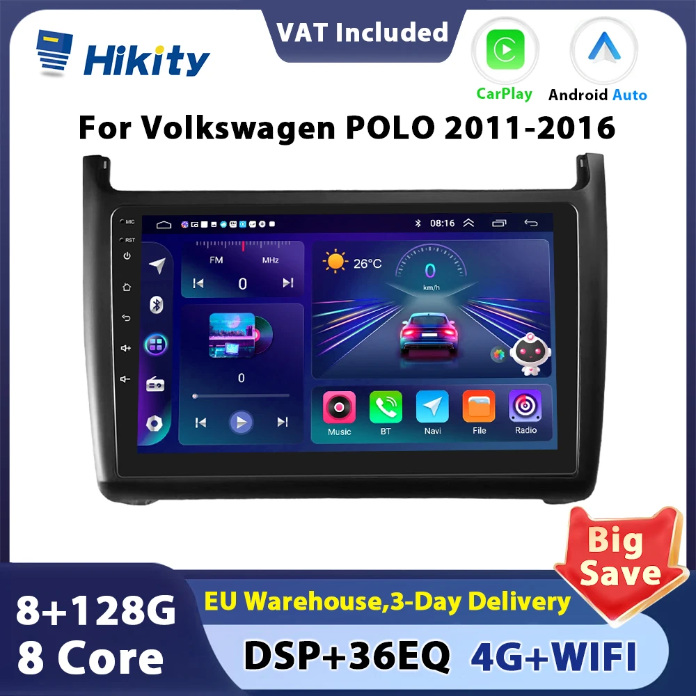 Hikity AI Voice 2 din Android Car Radio Carplay For Volkswagen POLO 2011 2012 2016 Auto Stereo Radio Android Auto Navigation GPS