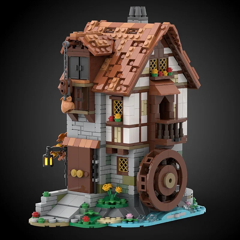 BuildMOC Retro Medieval Tavern Smithy Black Falcons Watermill Building Blocks Set Architecture House Idea Bricks Kids Toys Gifts