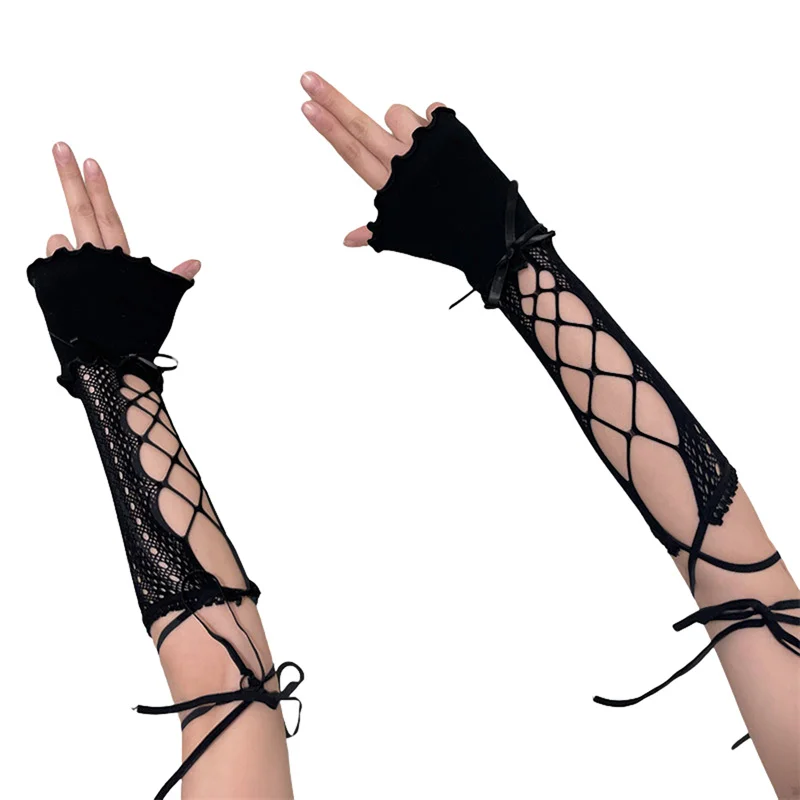 Dourbesty Women Y2K Gloves Lace Fingerless Gloves Satin Bow Elbow Length Arm Sleeve Street Gloves Lolita Costume Accessories