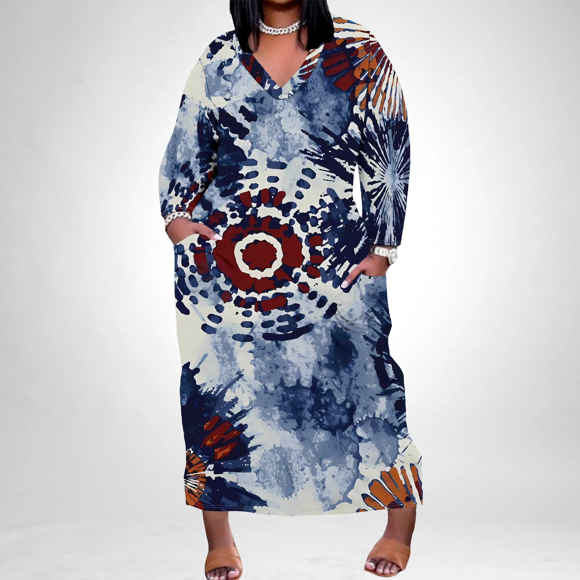 

Nupusa Blue Brown Tie Dye Print Dress for Women Plus Size Casual V Neck Long Sleeve Maxi Dress