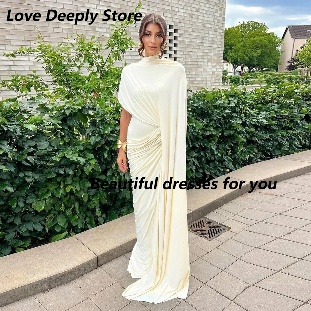 

Elegant Arabic Prom Dress High Neck Cap Sleeves Pleats Stretchy Mermaid Wedding Party Dress Vestido De Noche Customized