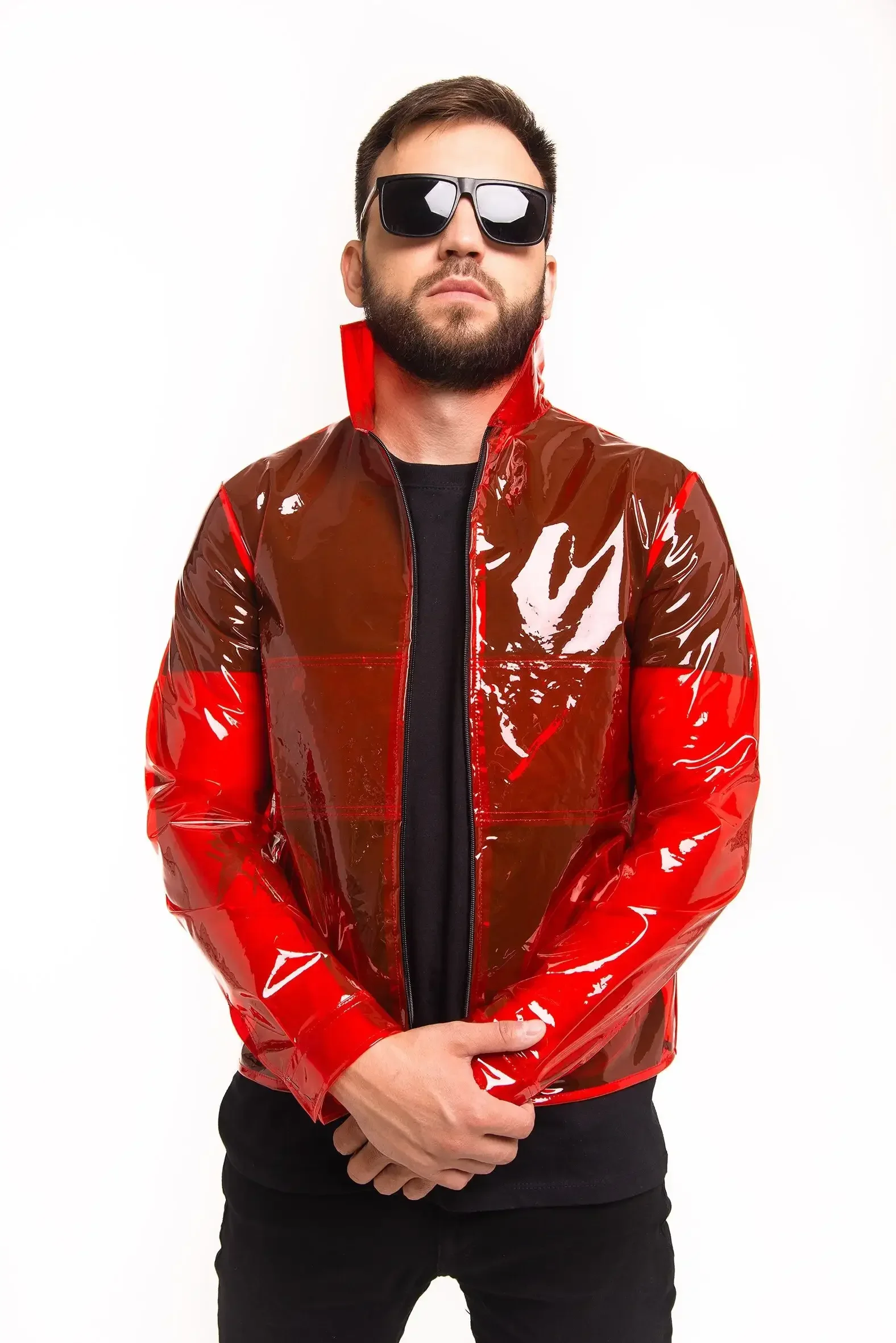 Men's Shiny Transparency TPU Jacket with Pocket Male PVC Laple Suit Top Coat Stand Collar See-through Blouses Clubwear Custom