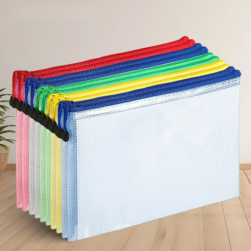 

10pcs, A3 Mesh Zipper File Bag,5 colors, waterproof plastic file Bag for organizing school and office supplies, cosmetics, trave