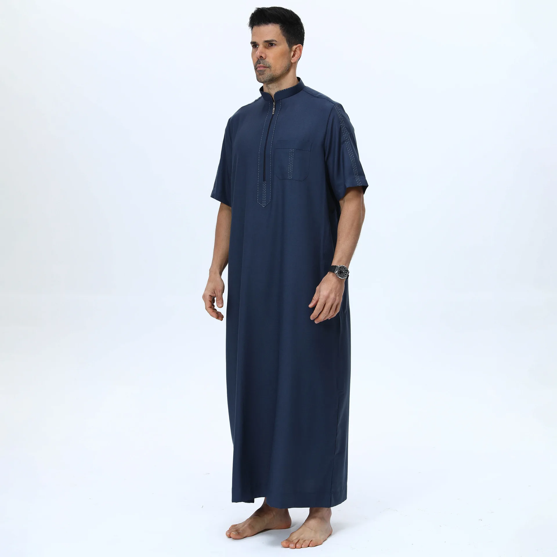 Moroccan Muslim Men's Long Robe Short Sleeve Jubba Thobe Zipper Long Robe Casual Simple Robe Middle East Daffah Dishdasha Saudi