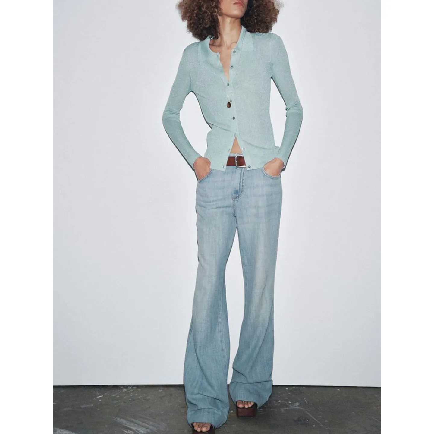 Laid-ba Sle Long Sve Metal Color Knit  irt New Autumn 2025 Women's Slim Fit Polyester Fiber Open Cardigan