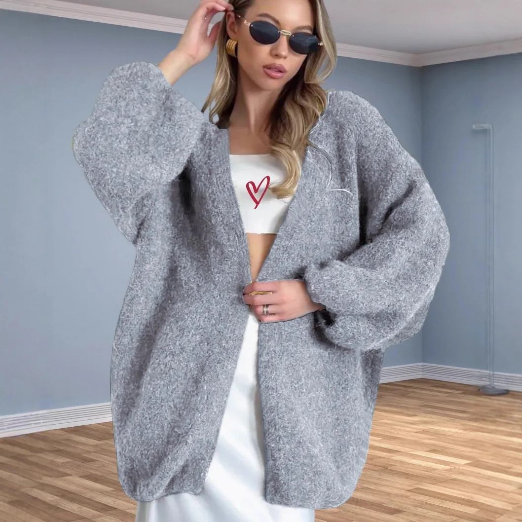 

Women Knitted Cardigan Sweaters Solid Jumpers V Neck Lantern Sleeves Open Stitch Mid Length Loose Fit Casual Autumn Winter 2026