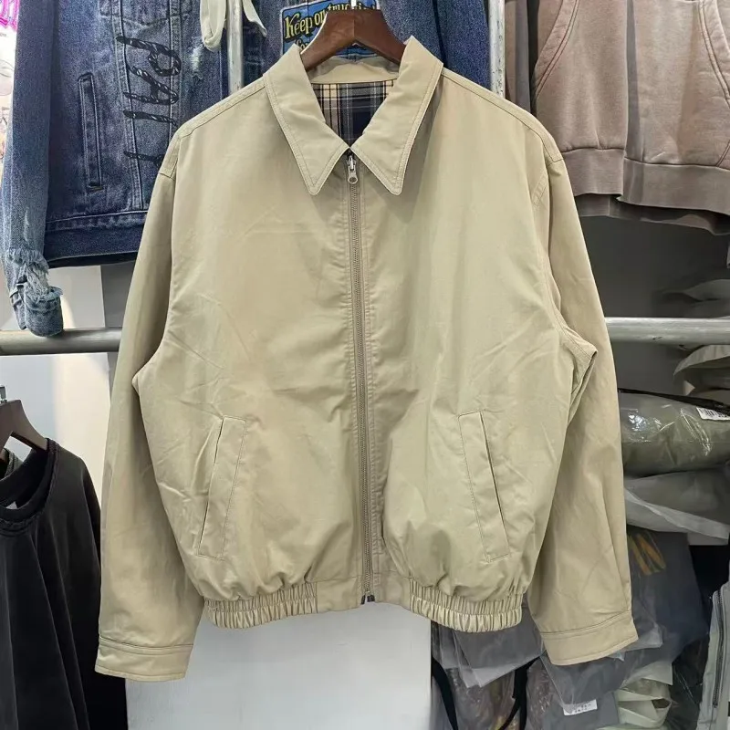 

Двусторонняя куртка в американском ретро-стиле в клетку, повседневная, с воротником, для мужчин и женщин, весна-осень, хлопок, длинный рукав, на молнии