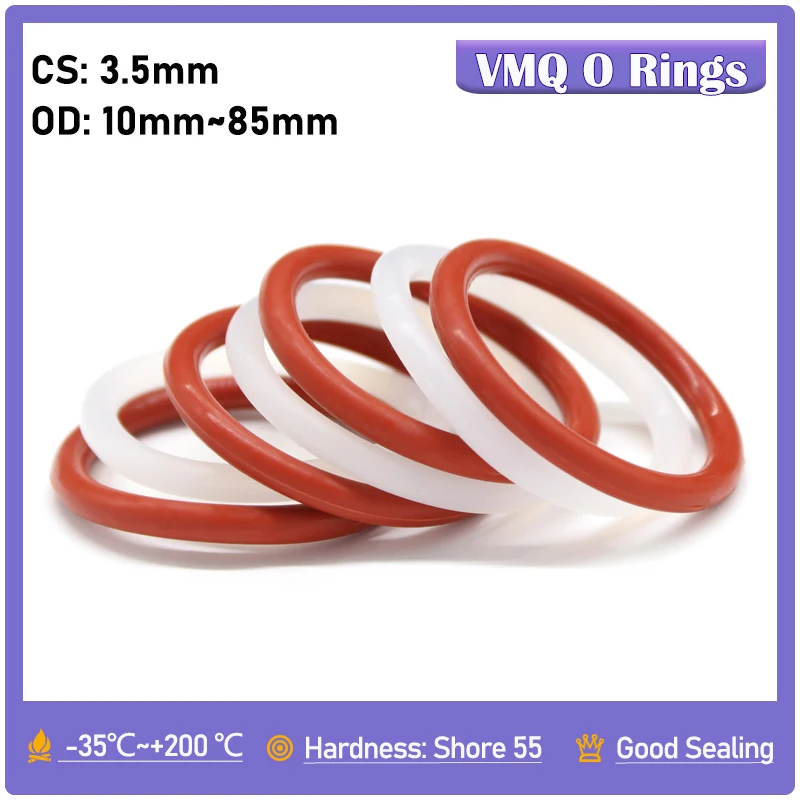 

10Pcs Red White Food Grade VMQ O Ring Gasket CS 3.5mm OD 10mm ~ 85mm Waterproof Washer Round O Shape Silicone Rubber Seal Ring