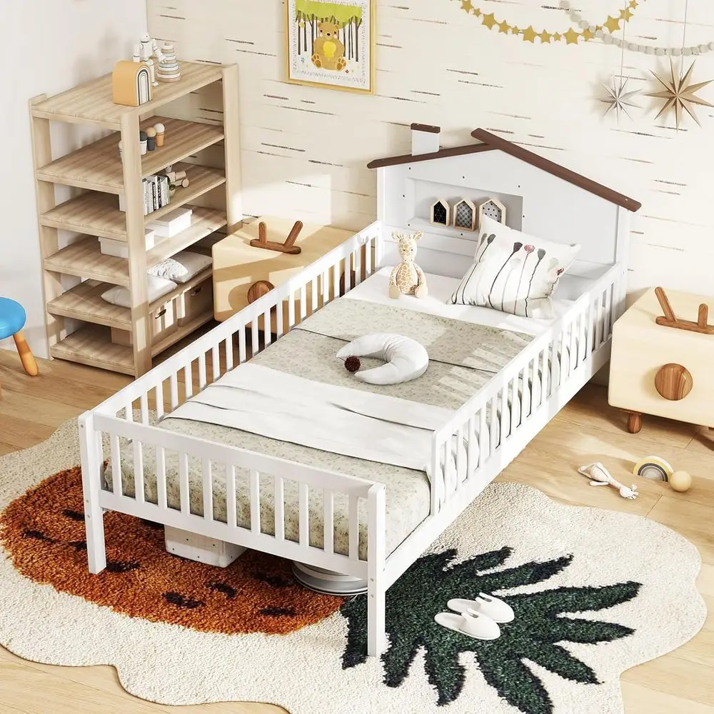 

Двуспальная кровать в форме домика с защитными бортиками, ящиком для хранения и местом для хранения под кроватью, без необходимости использования пружинного основания (белая)