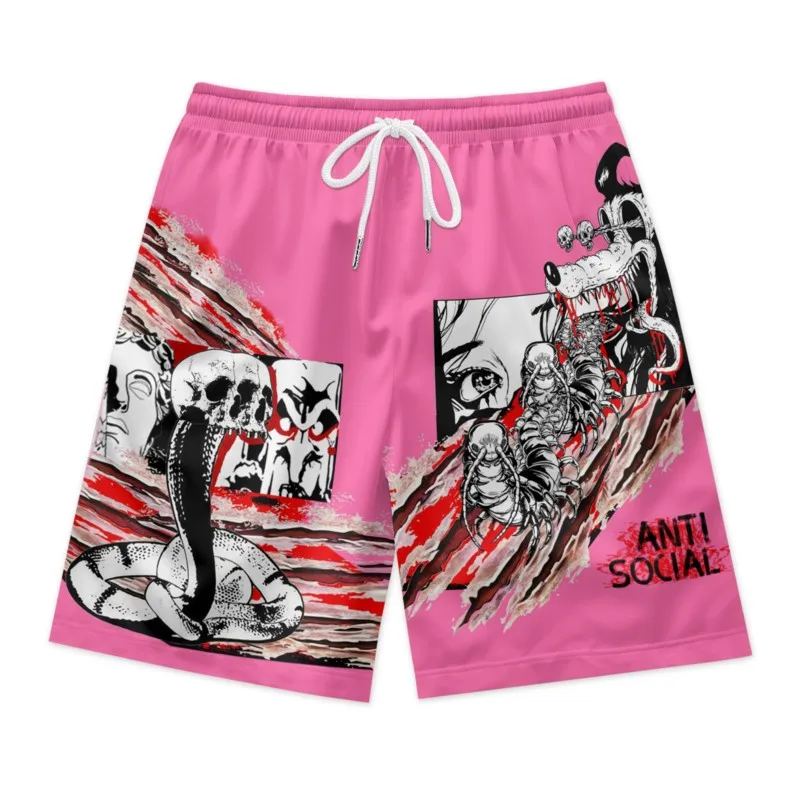 Skeletal Snake Print Men's Drawstring Waist Shorts Polyester Streetwear Sport Beach Shorts Clothing Bottoms