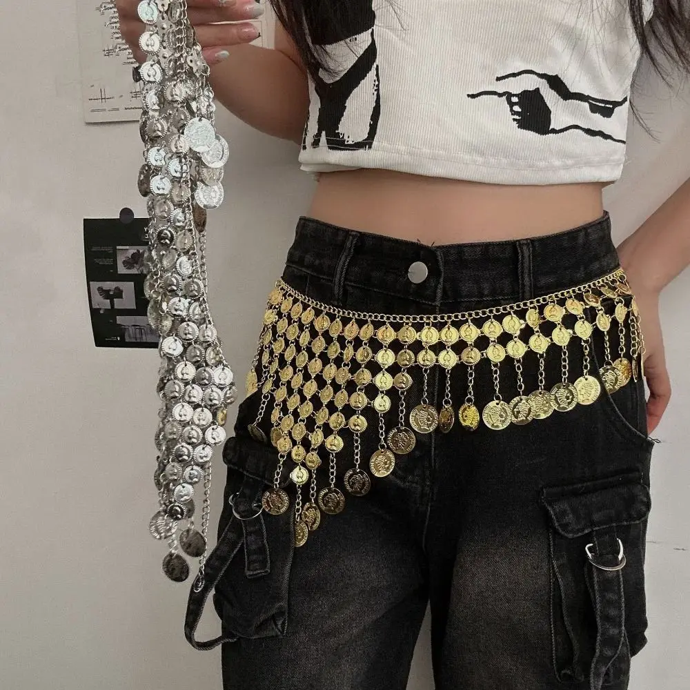 

Ethnic Style Gold Belly Dance Waist Chain Belt Silver Wide Belly Dancing Hip Scarf Tassel Y2K Beads Tassel Belly Dance Belt