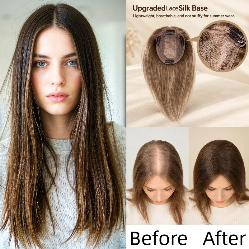100% Human Hair Silk Lace Base Clip In Women Topper With Bangs 7x10 25cm #4 #P4-613 In Stock 48H Ship Wholesale Dropship