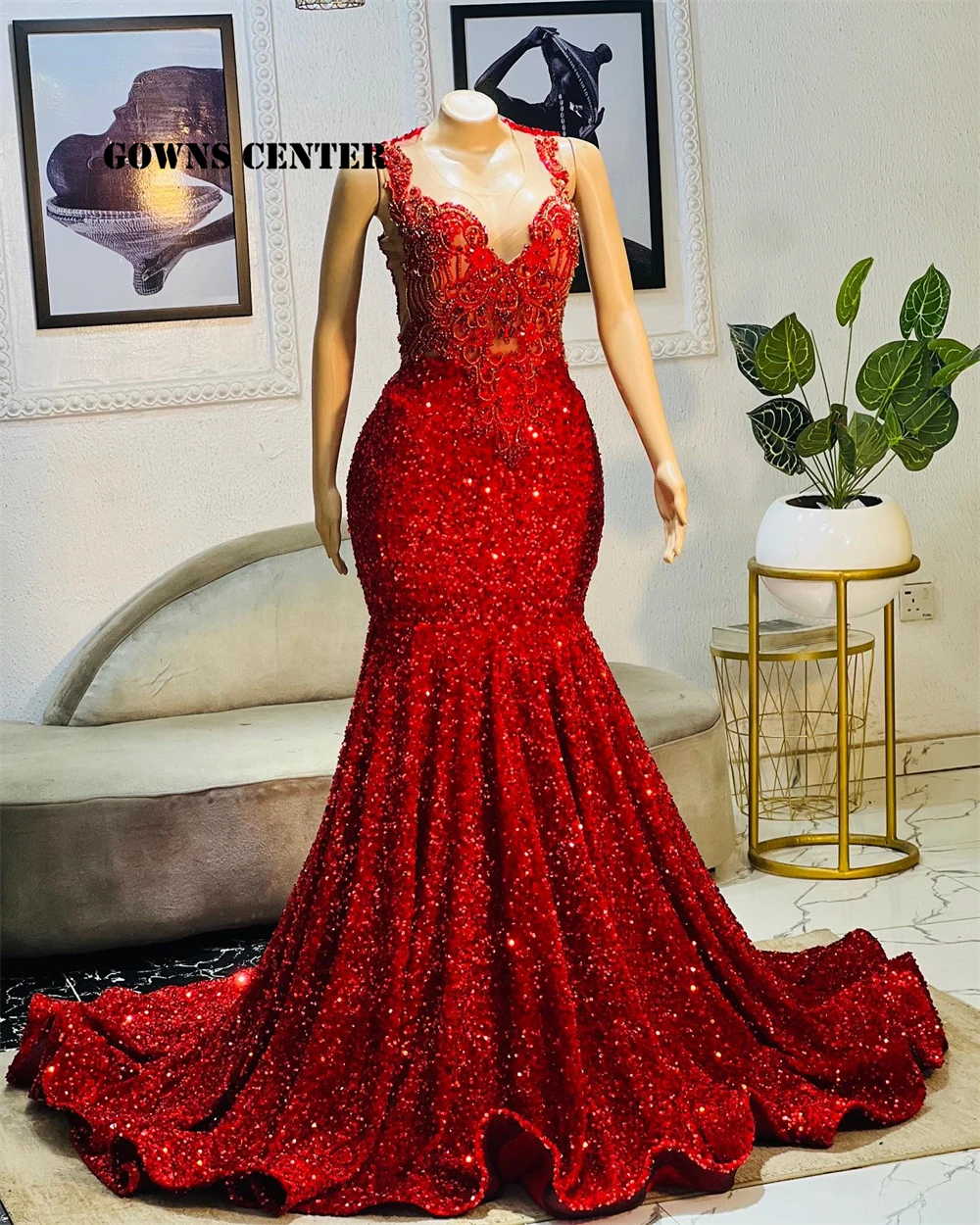 Red Velvet Sequin Rhinestones Aso Ebi Split Evening Dress Luxury Party Dresses Women 2025 Wedding Night Dress African Customized