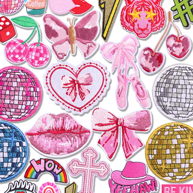 Cartoon Pink Series Embroidered Patches DIY Cherry Bow Disco Patch Iron On Patches For Clothing Jackets Hats Shoes Sew Badges