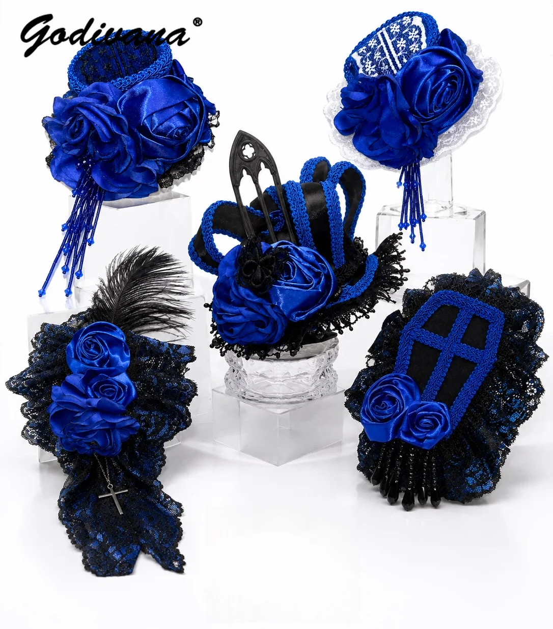 Gothic Blue-black Lace Hair Accessory Doll Feeling Dark Lolita Headpiece Cosplay Handmade Lace Flower Feather Small Hat Headwear