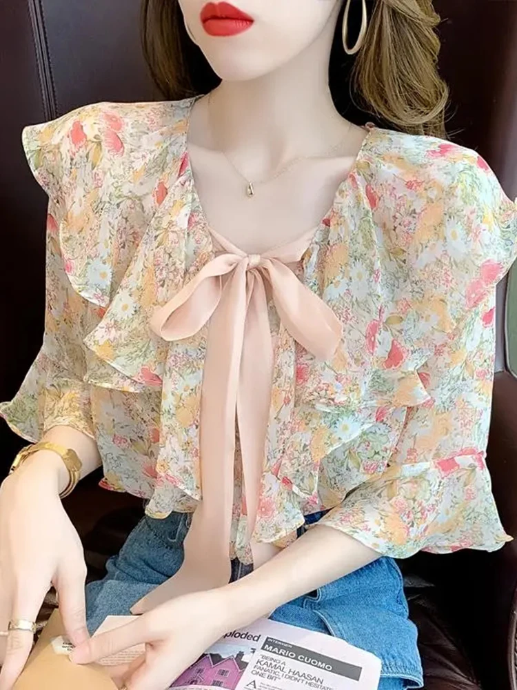 Jmprs Sweet Floral Chiffon Blouse Women Elegant Ruffles French Shirt Fashion Lace Up O Neck Design Casual Female Chic Tops New