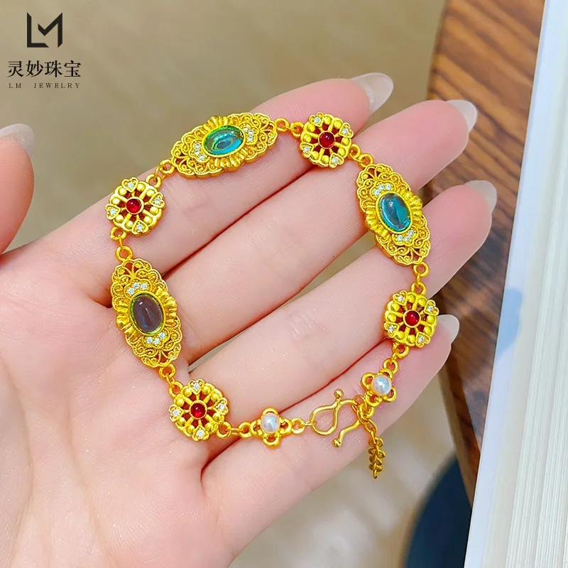 

Ancient sand gold 9999 point diamond hollow filigree sapphire bracelet 24K real gold flowery pearl bracelet retro female gift