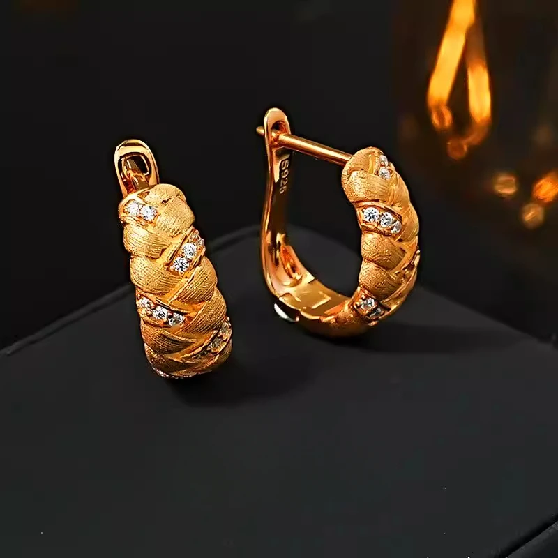 

925 silver metal brushed earrings made of vintage wheat ear weaving, niche inlaid with high carbon diamonds, fashionable