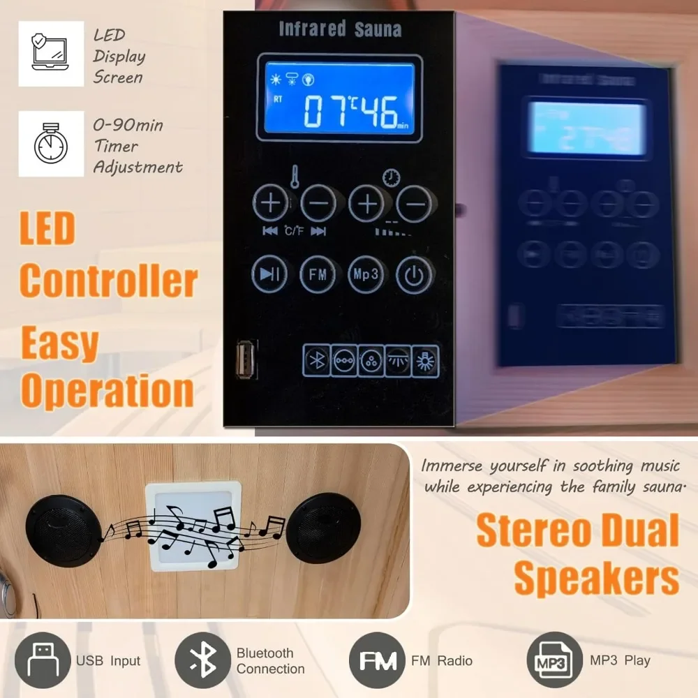 Sauna doméstica infrarroja para 1 persona, Sauna seca interior de madera Hemlock, paneles calefactores bajos EMF 1200W/110V, panel de control LCD