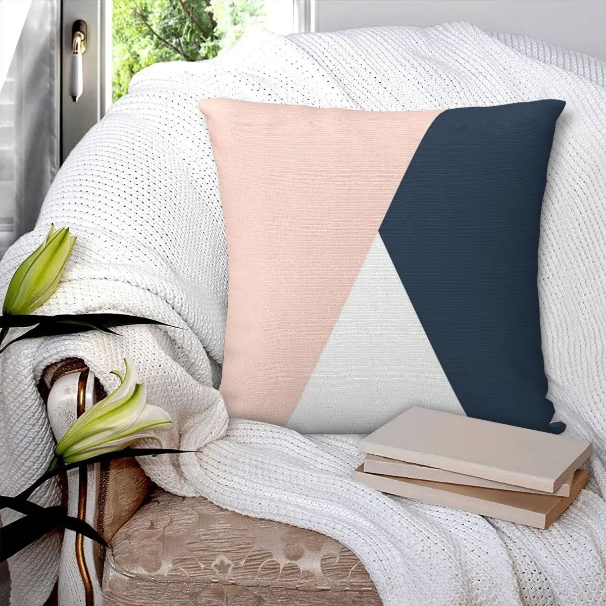 Blush Pink & Navy Blue Square Pillowcase Pillow Cover Cushion Zip Decorative Comfort Throw Pillow for Home Car