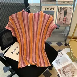 Korean Westernization Slim Round Neck Colour Stripe Patchwork Short Sleeve Tops Summer Women New All-match Knitting T-shirt