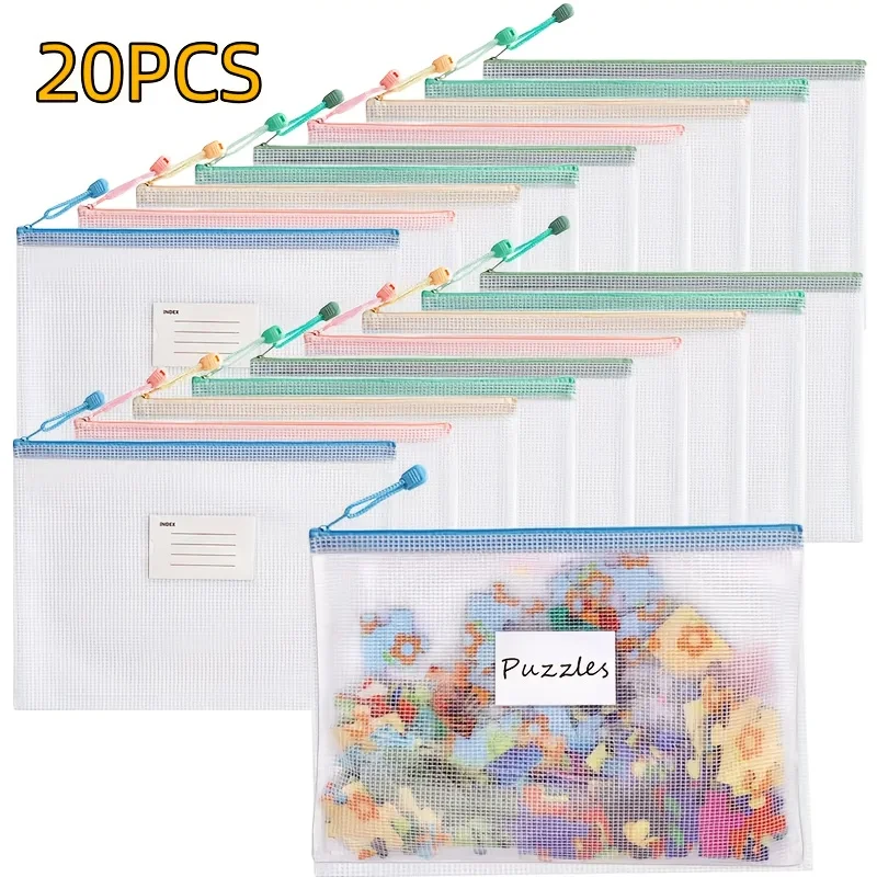

20 шт. прозрачные сетчатые сумки для хранения на молнии с красочными этикетками-водонепроницаемый органайзер для документов формата А4 для пазлов, офисных принадлежностей