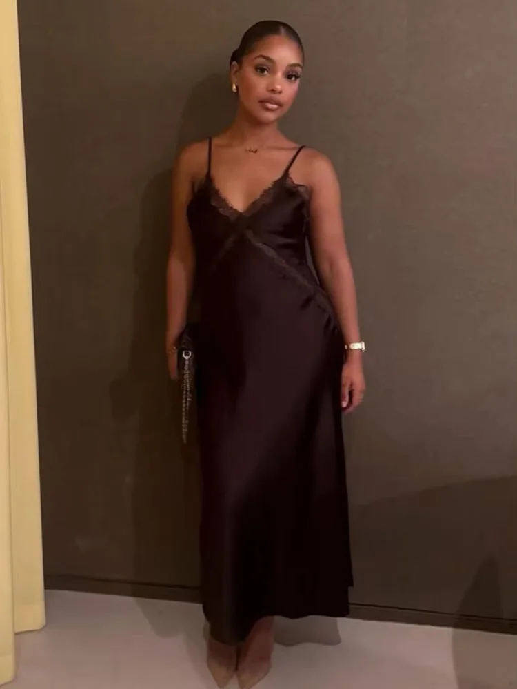 

HH Women Summer Fashion Versatile Lace Silk Satin Textured Midi Dress Female Temperament Elegant Sexy Backless Party Long Dress