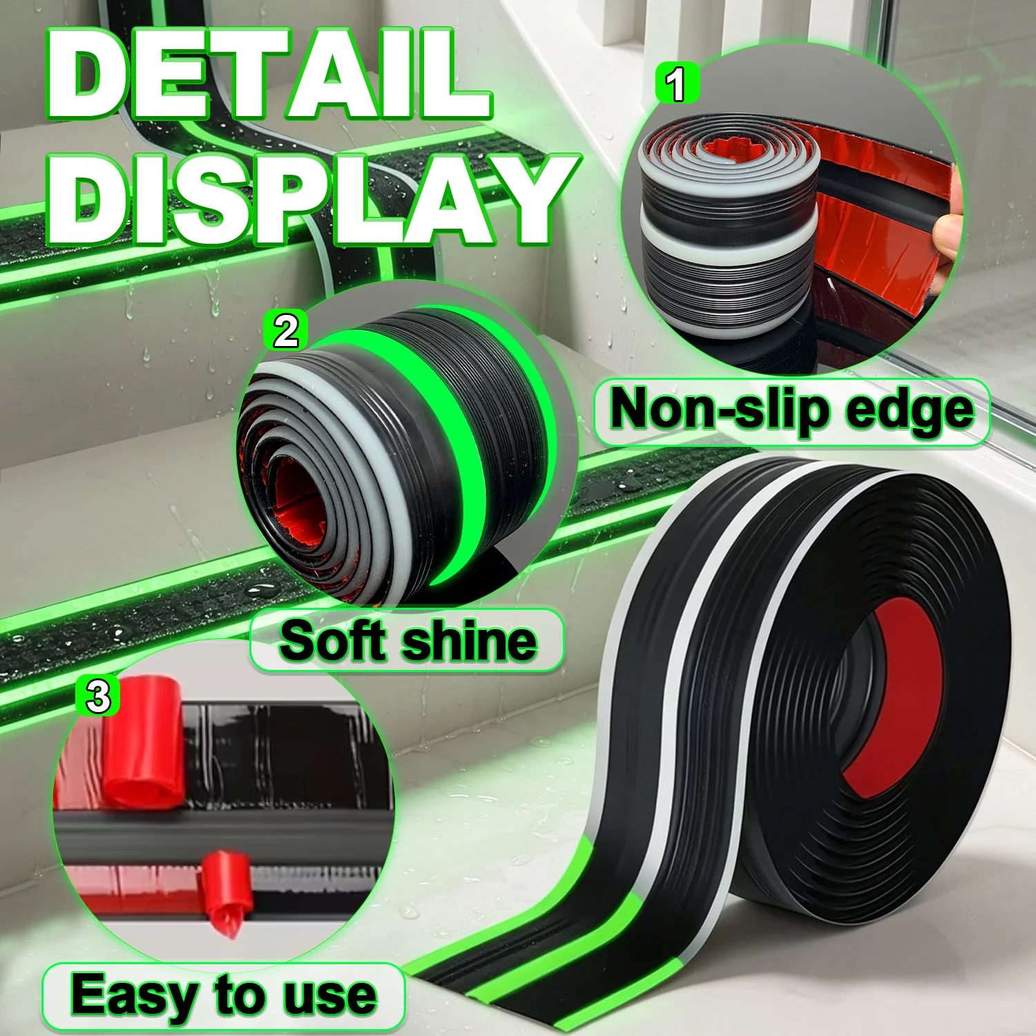 Glow-in-the-Dark Anti-Slip Warning Tape, Self-Adhesive Stair Edge Decorative Protective Strips - Featuring green safety stripes