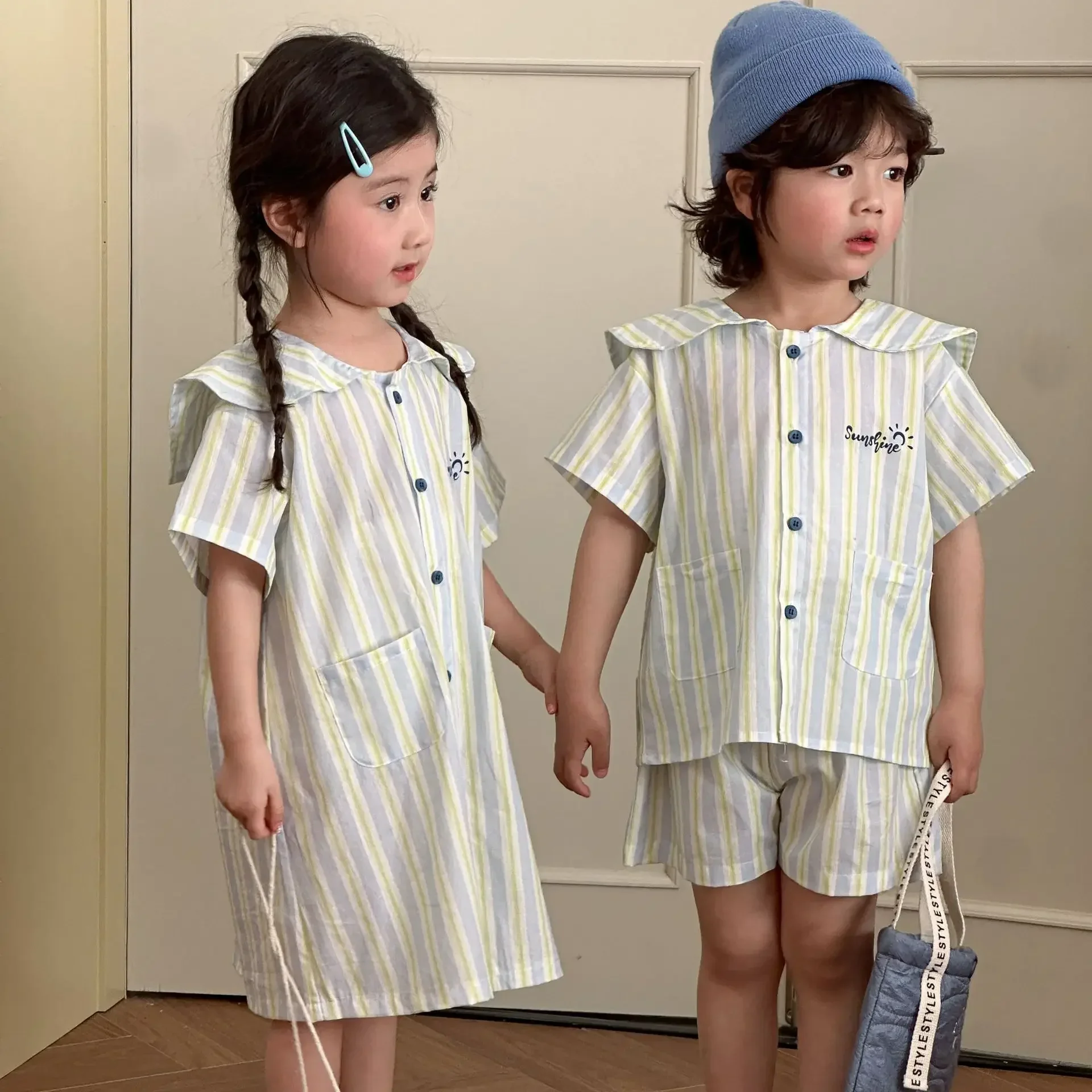 Brother And Sister Clothes Children's Pajamas Suit 2025 Summer New Cotton Stripes Boy's Suit Or Girl Nightdress