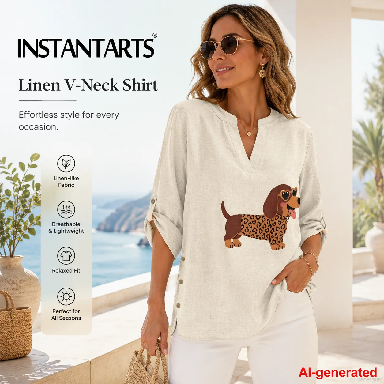 Summer Clothing Pinterest - INSTANTARTS Damen-Leinenhemd mit V-Ausschnitt, Pinterest-Kleidung, viele