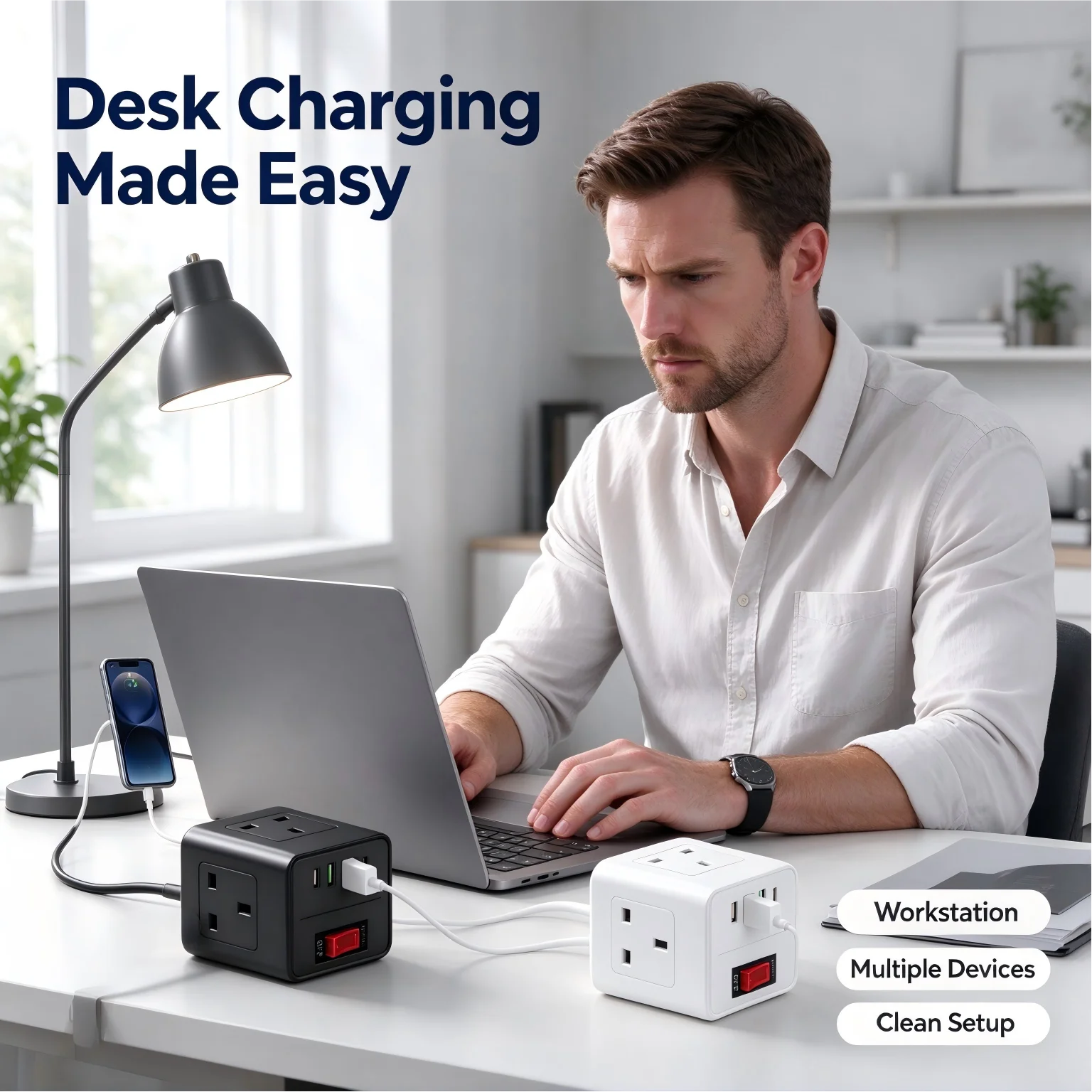7 in 1 Cube Power Strip UK Plug 3 AC Outlets 2 USB A 2 Type C Ports Extension Socket with On Off Switch Compact Power Hub for Ho