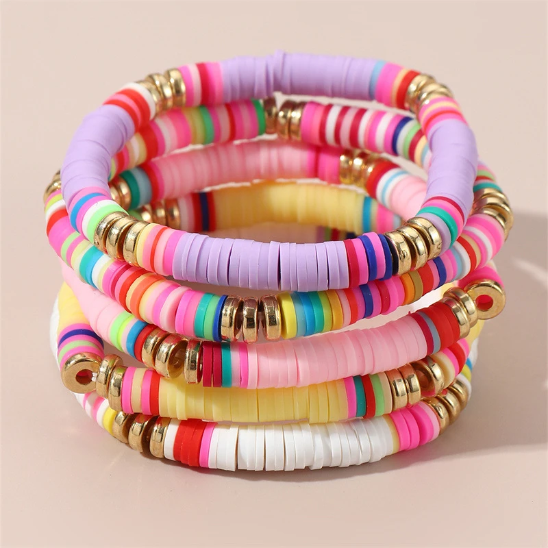 5pcs/set Stackable Boho Beaded Bracelet Set – Colorful Polymer Clay Strands for Effortless, Everyday Layering.