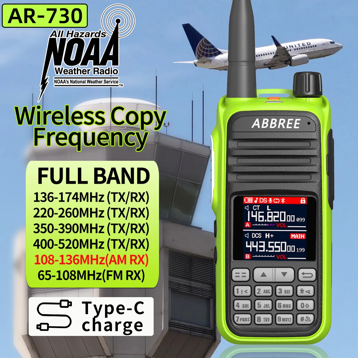 ABBREE AR-730 Air Band Band Wireless Copy frequency 256CH WalkieTalkie NOAA Weather Channel Receive Typ-C Charging Two Way Radio